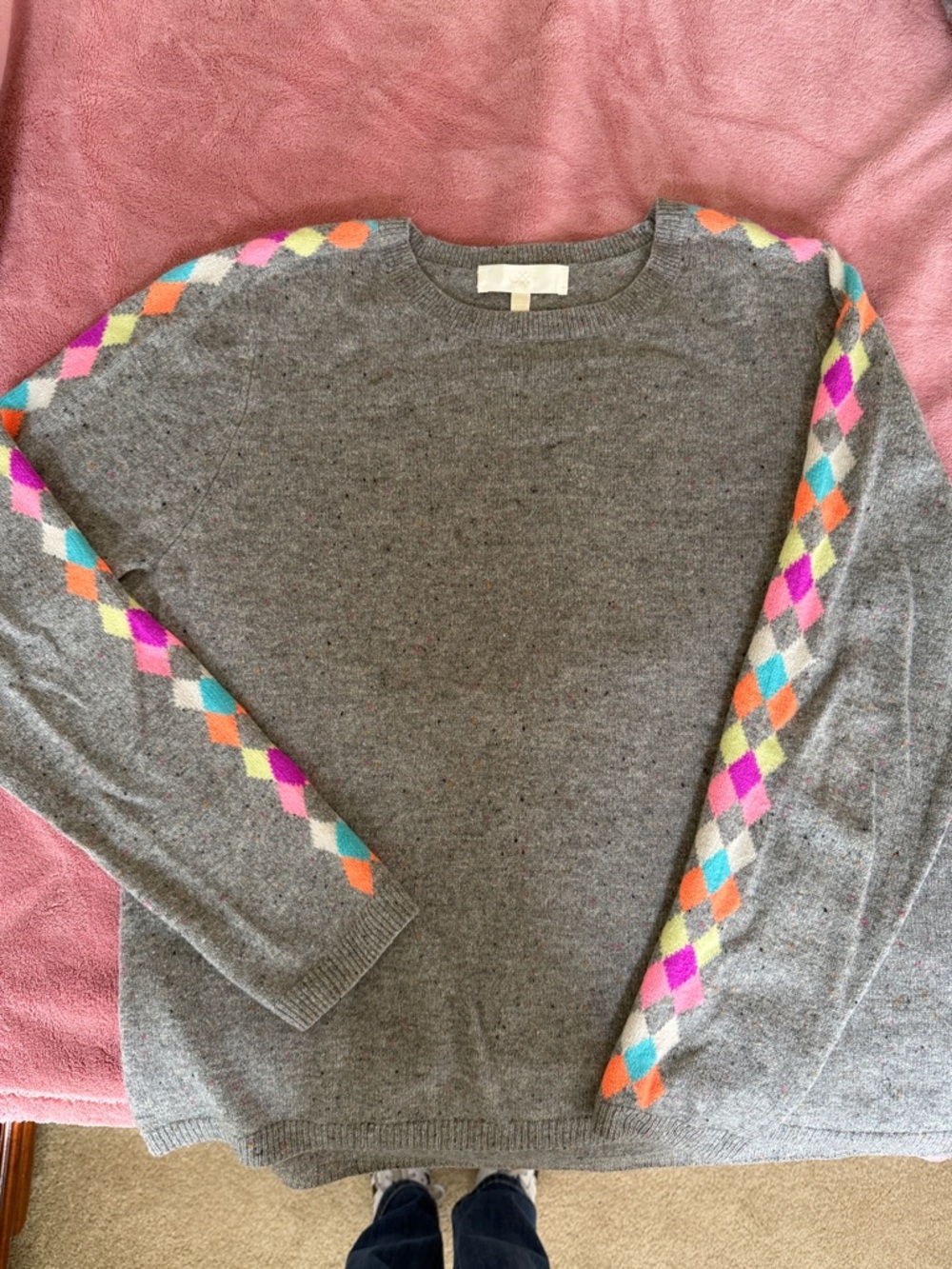 Lisa Todd 100% Cashmere Sweater Grey with Multicolor Argyle Sleeves